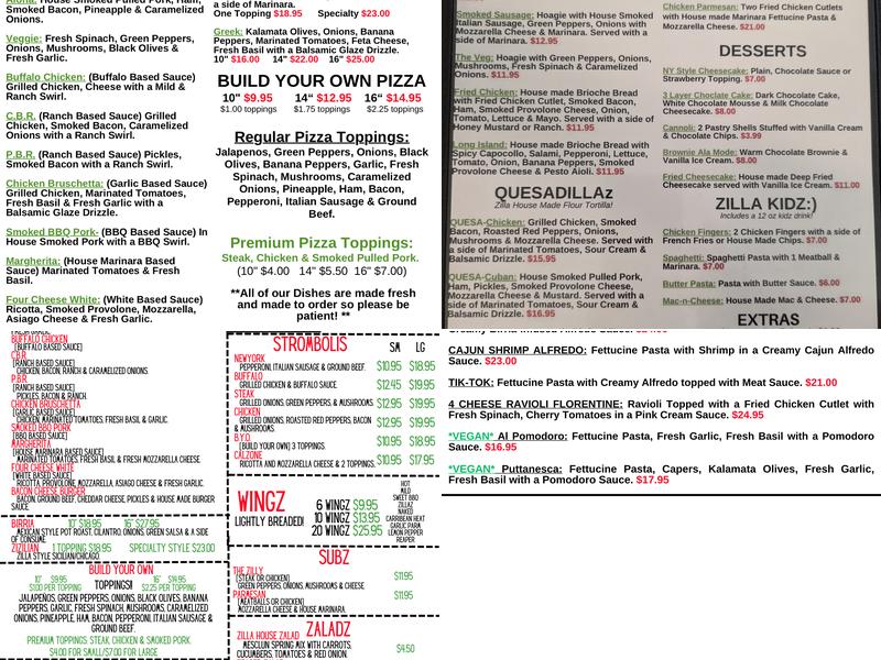 Zilla Pizza Menu