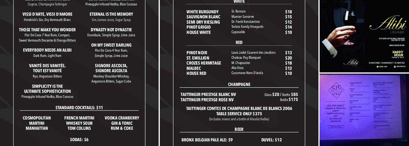 Alibi Lounge Menu