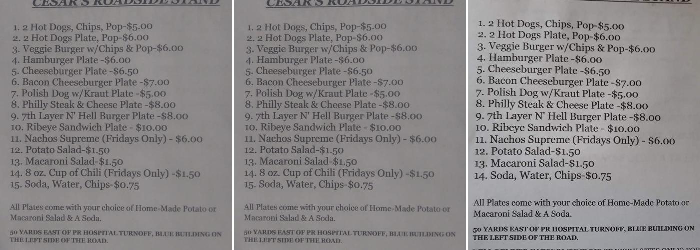 Cesars RoadSide Stand and Grill Menu