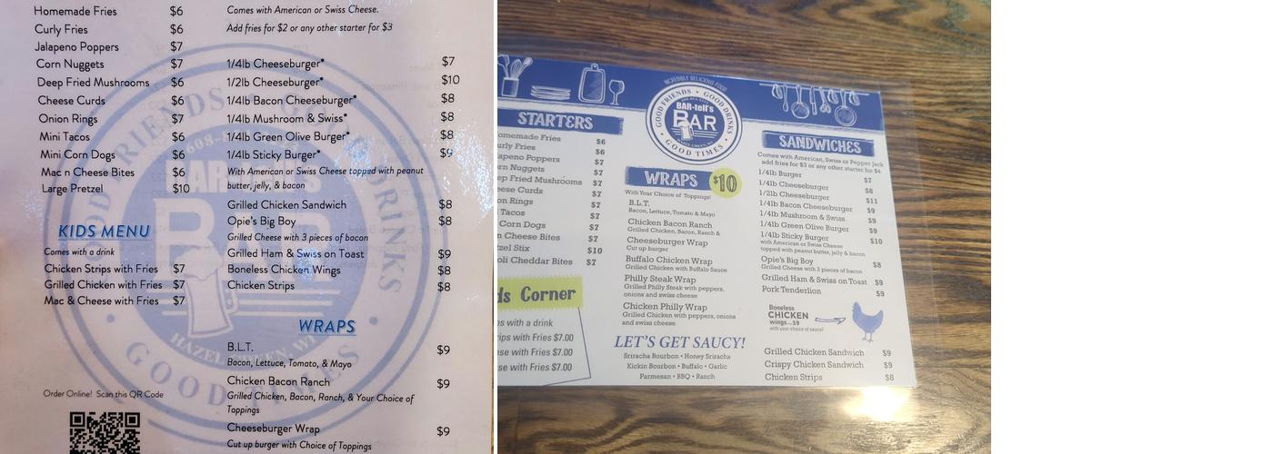 BAR-tell Bar and Grill Menu