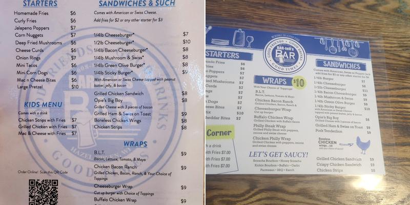 BAR-tell Bar and Grill Menu
