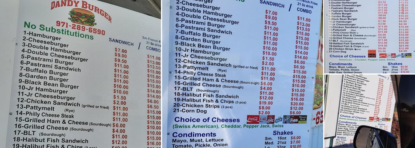 Dandy burger Menu