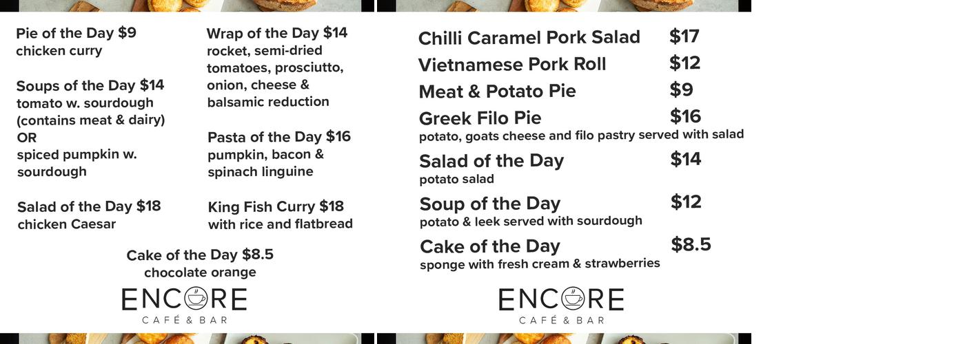 Encore Cafe Menu