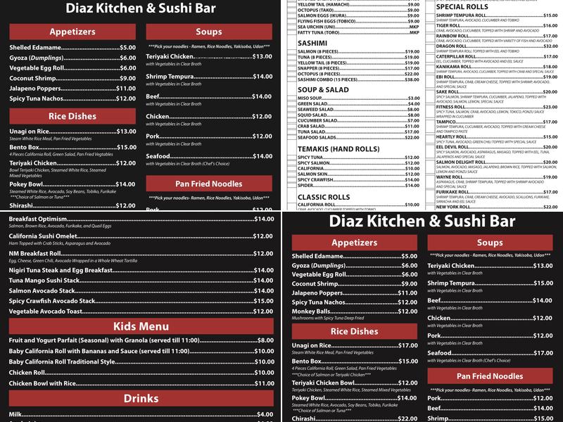 Diaz Kitchen & Sushi Bar Menu