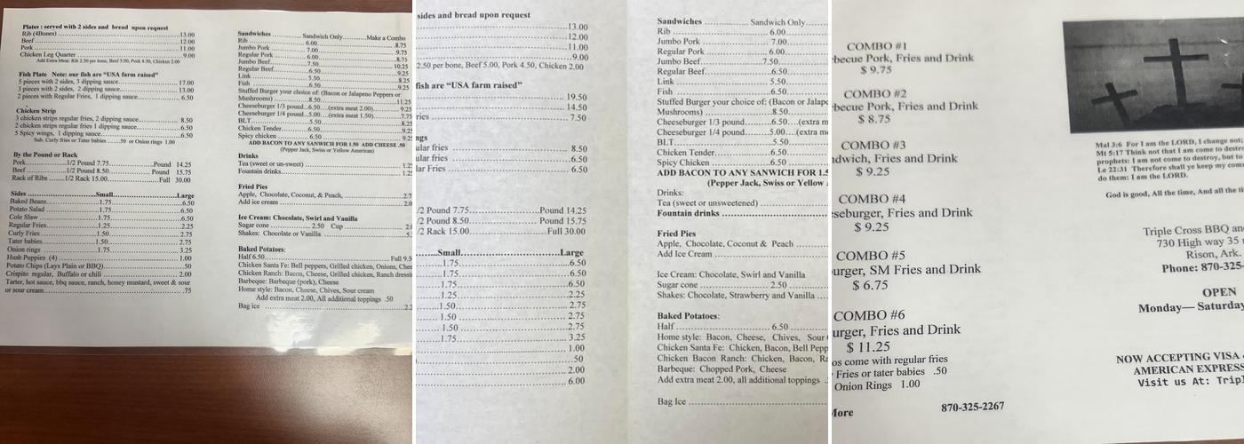 Triple cross BBQ & More Menu