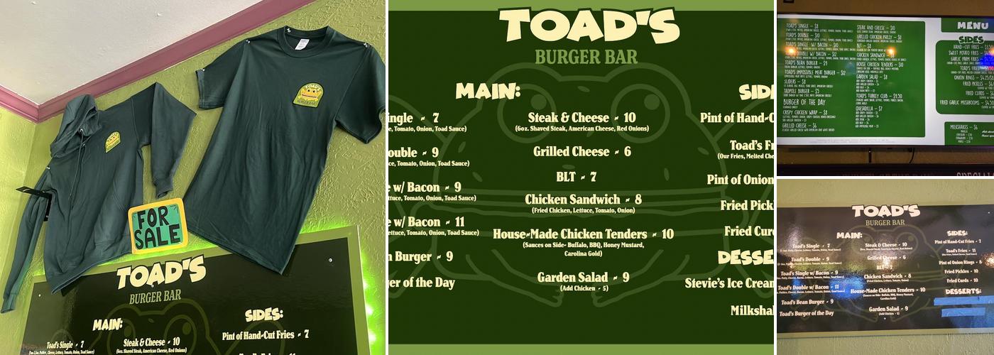 Toad's Burger Bar Menu