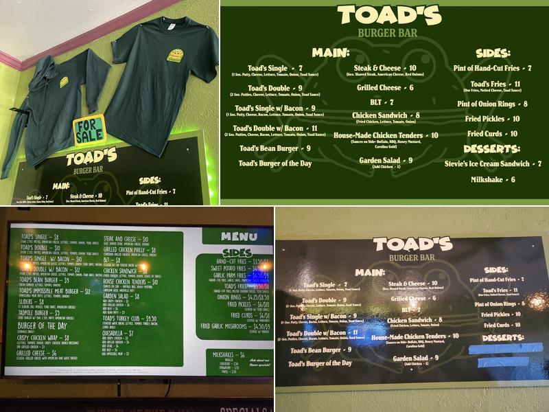 Toad's Burger Bar Menu