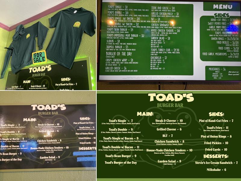 Toad's Burger Bar Menu