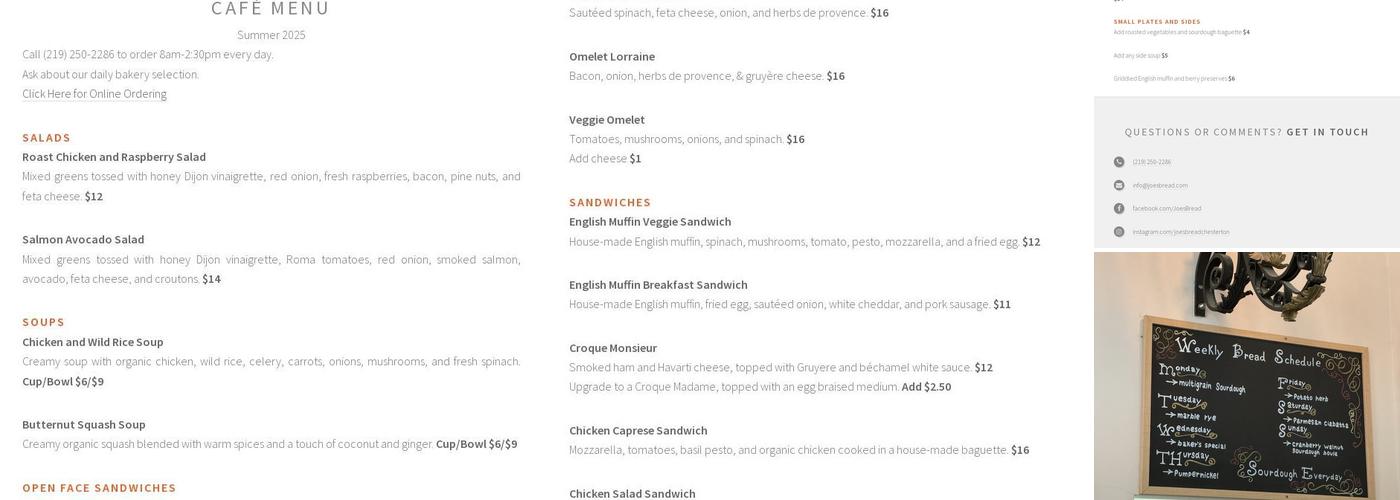Joe's Bread Menu