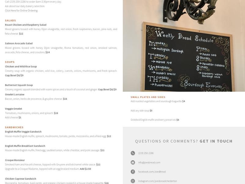 Joe's Bread Menu