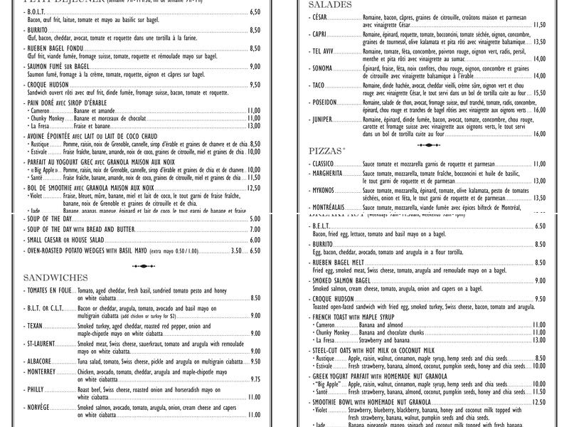 Bistro Boutique Juniper Menu