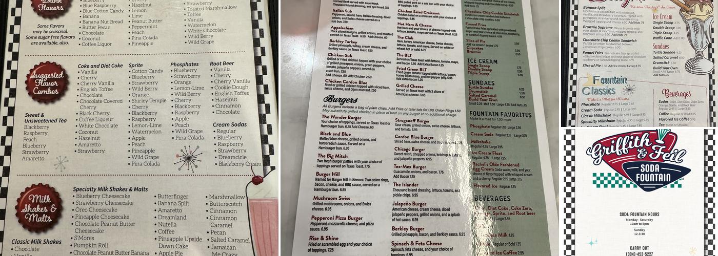 Griffith & Feil Soda Fountain Menu