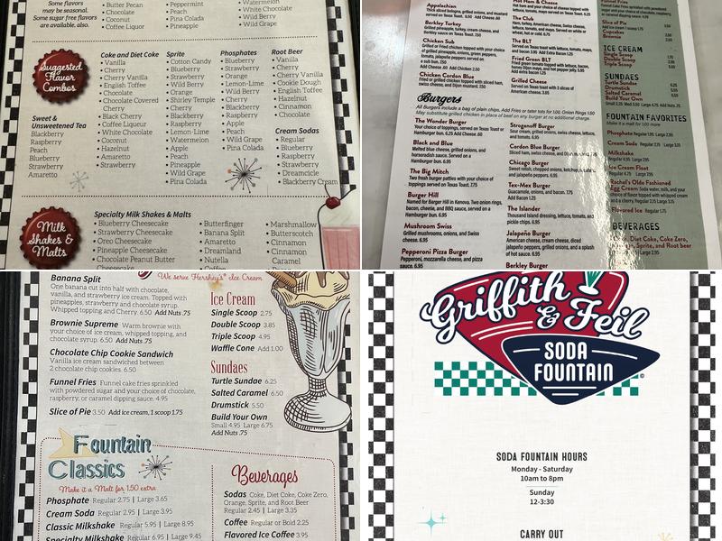Griffith & Feil Soda Fountain Menu