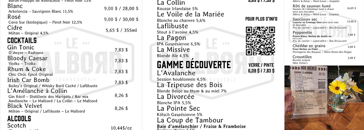 Le Malbord - Microbrasserie Menu