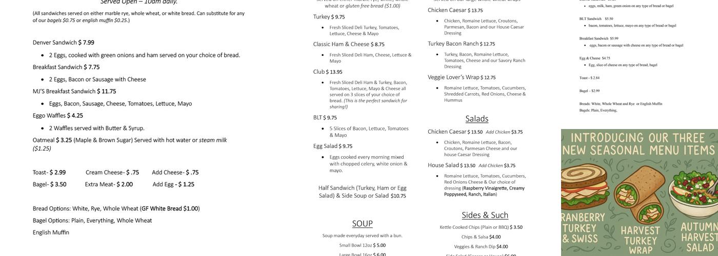 MJ's Coffee Bar & Bistro Menu