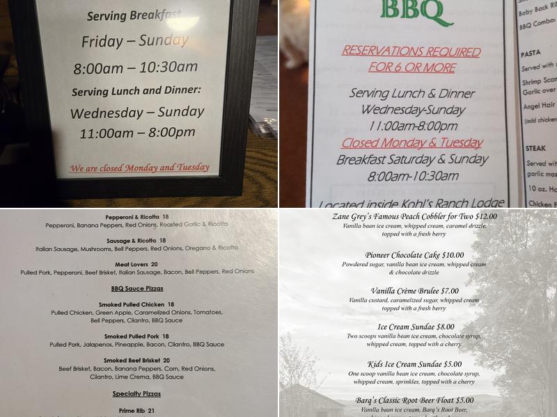 Zane Grey Country BBQ Menu