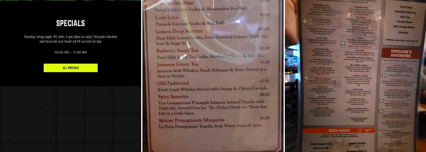 Sidelines Grill Menu