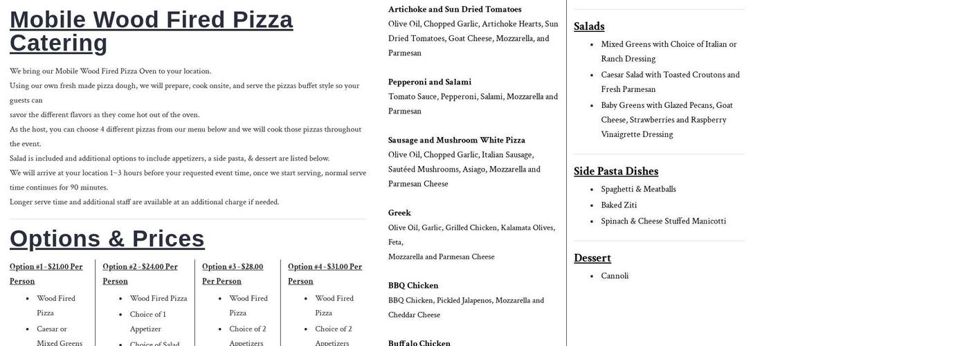 Into The Fire Pizza & Catering Menu