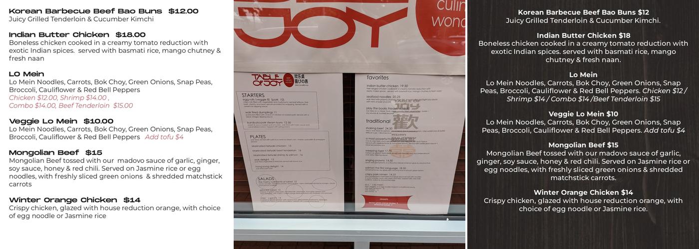Table of Joy Menu