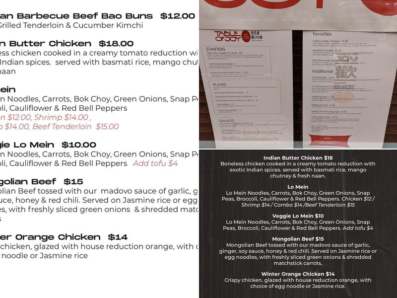 Table of Joy Menu