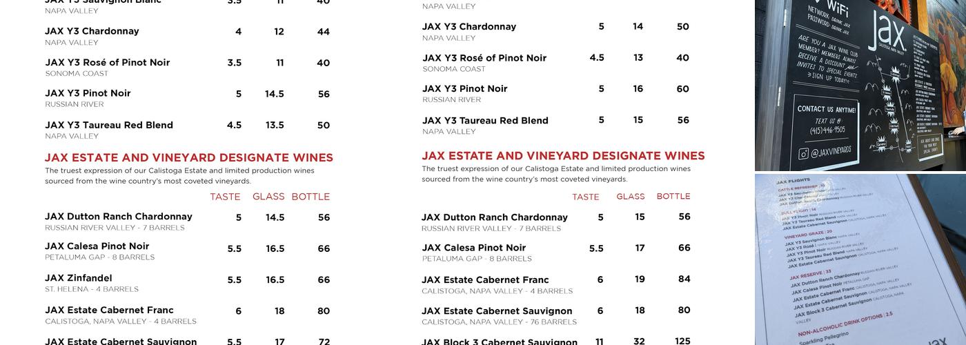 JAX Vineyards Menu