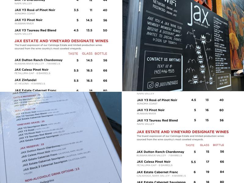 JAX Vineyards Menu
