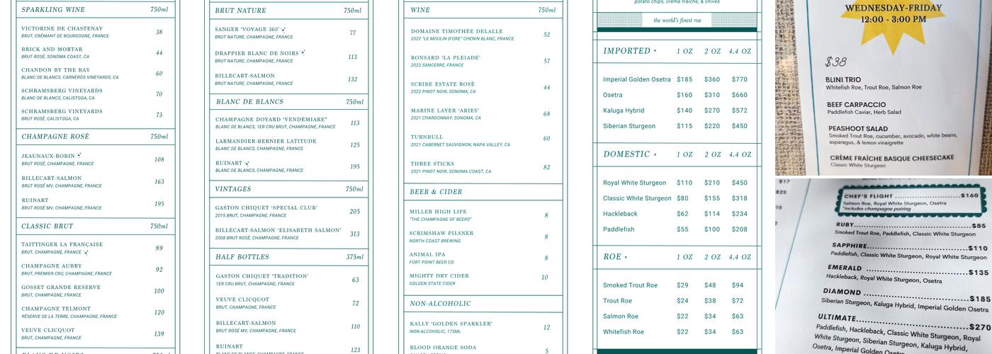 The Caviar Co. Tiburon Champagne Lounge Menu