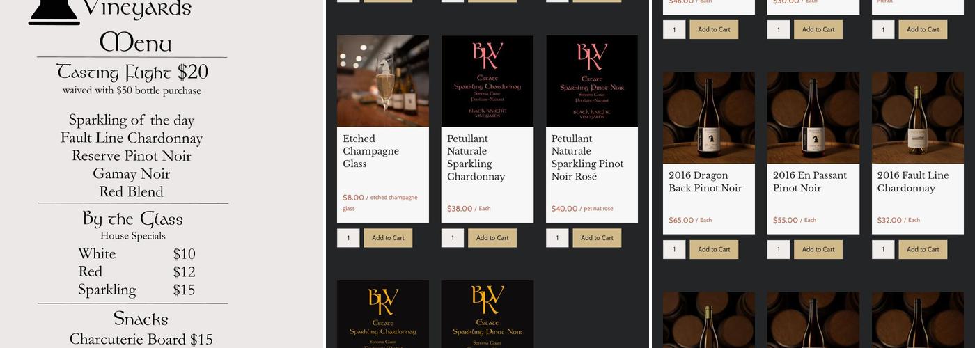 Black Knight Vineyards Tasting Room Menu