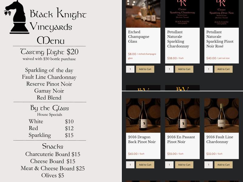 Black Knight Vineyards Tasting Room Menu