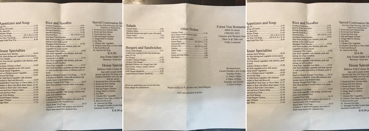 Forest Tree Restaurant & Lounge Menu