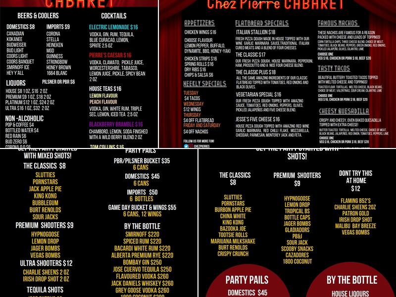 Chez Pierre Cabaret Menu