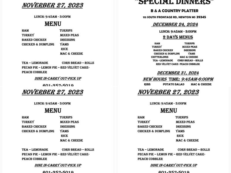 B & A COUNTRY PLATTER Menu