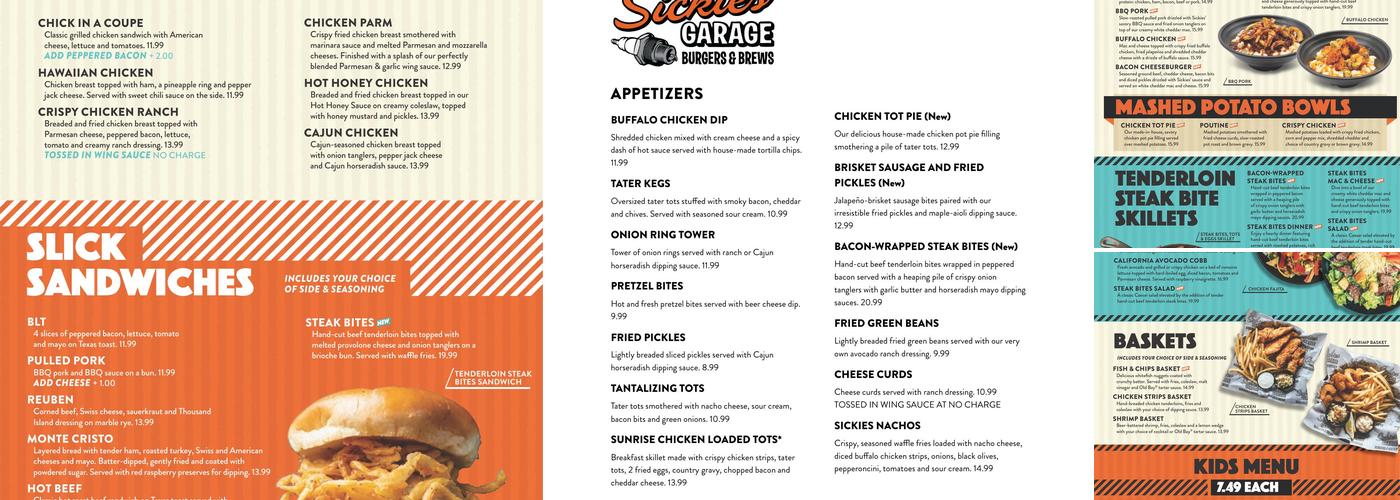 Sickies Garage Burgers & Brews Menu