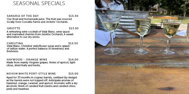 Revalation Vineyards Menu