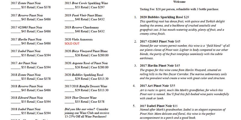 Björnson Vineyard Menu