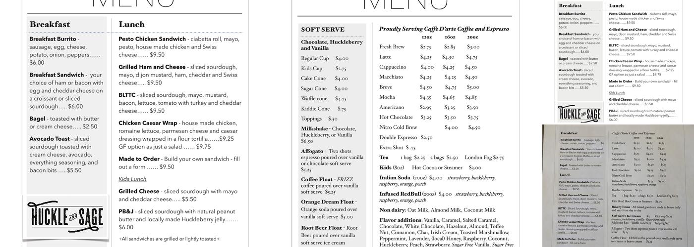 Huckle and Sage Menu