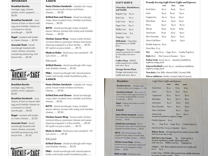 Huckle and Sage Menu