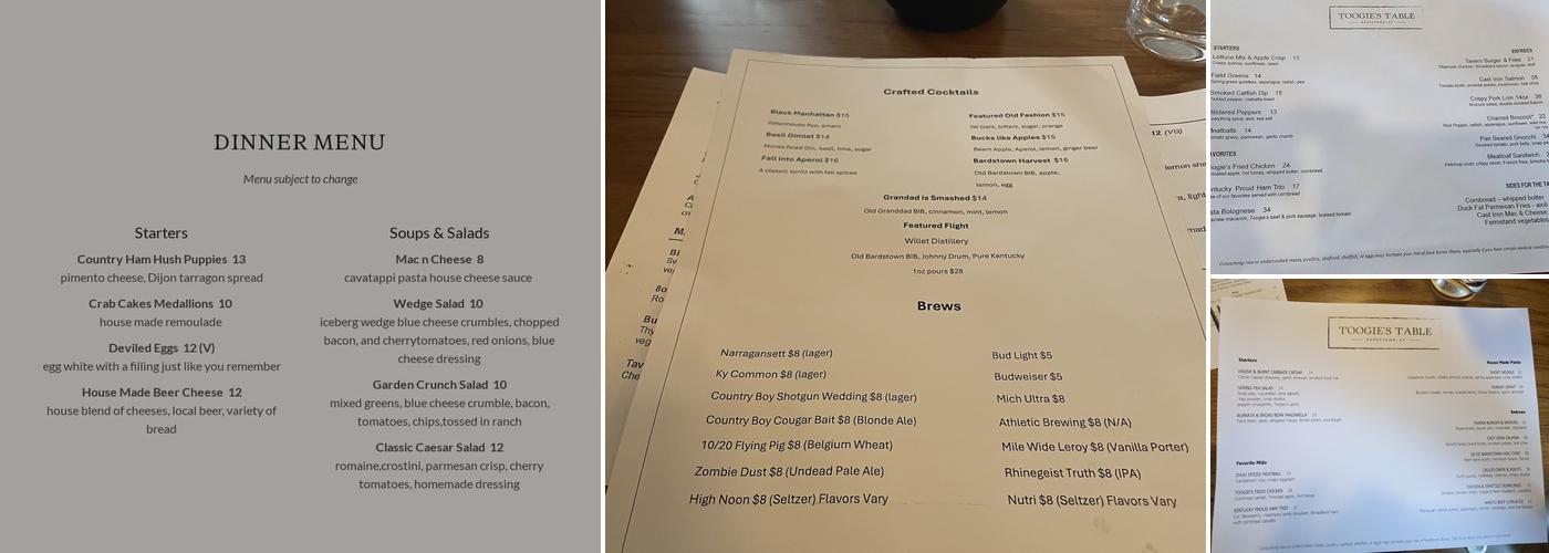 Toogie's Table Menu