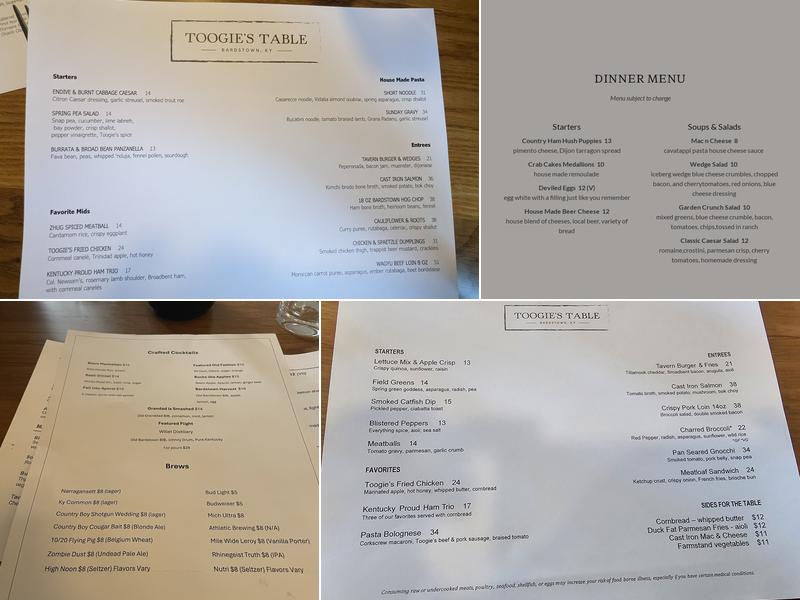 Toogie's Table Menu