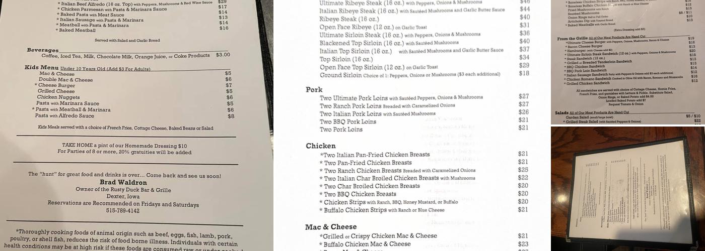 Rusty Duck Menu
