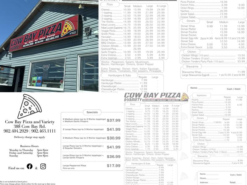 Cow Bay Pizza and Variety Menu