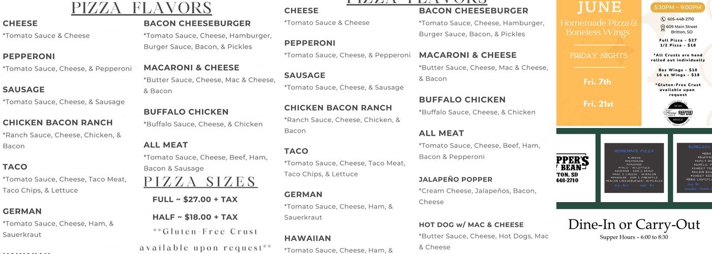 Snapper's Dry Bean Menu