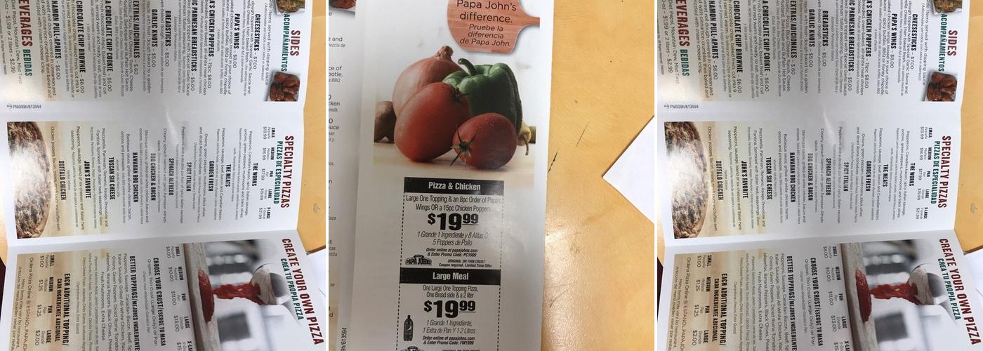 Papa Johns Pizza Menu