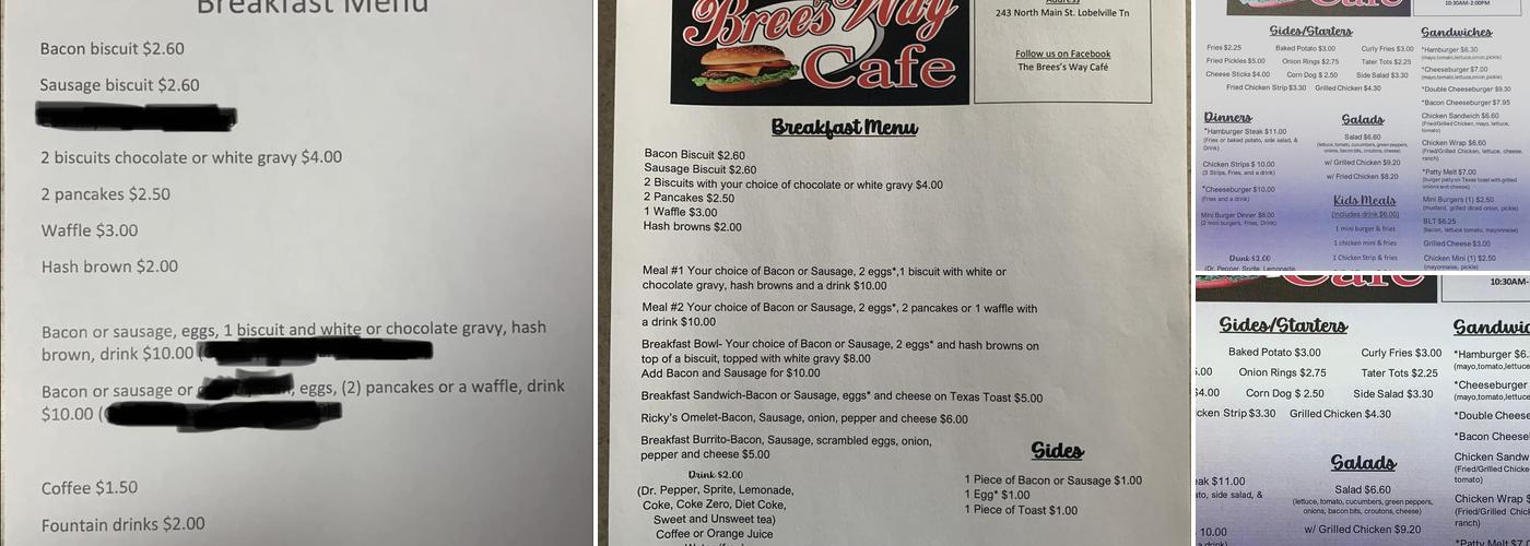 The Bree’s Way Cafe Menu
