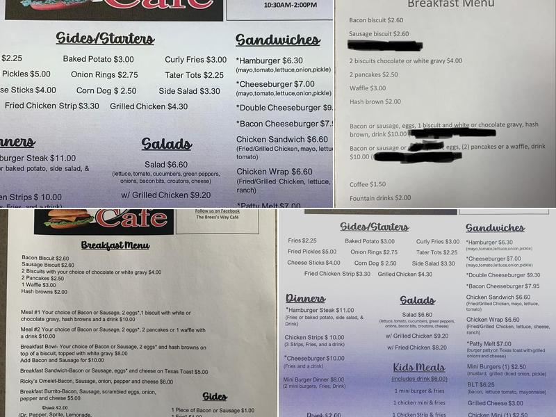 The Bree’s Way Cafe Menu