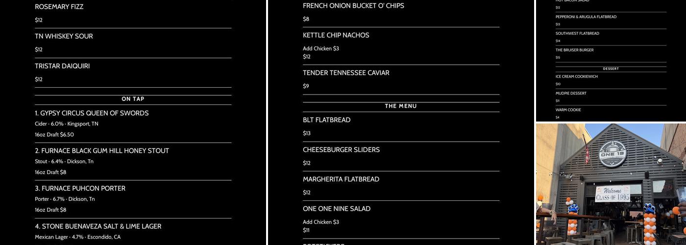 One19 Craft Kitchen & Brewery Menu