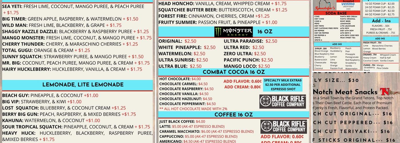 Squatchee's Soda Menu
