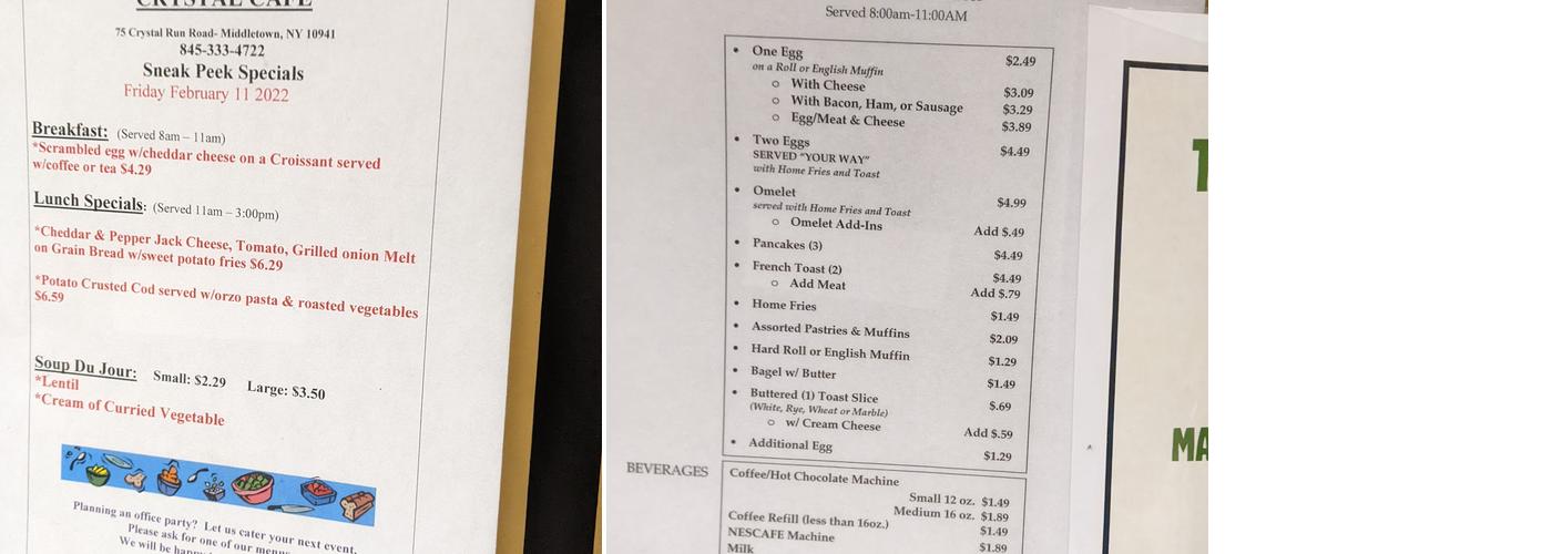 Crystal cafe Menu