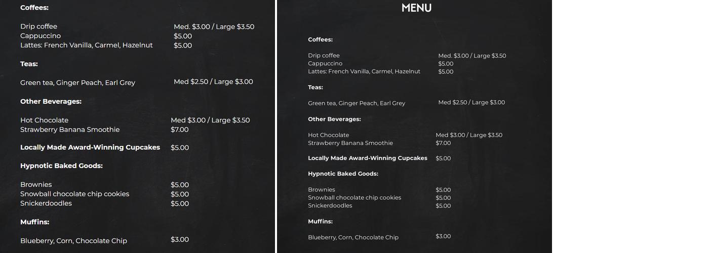 Designed Grind Cafe Menu