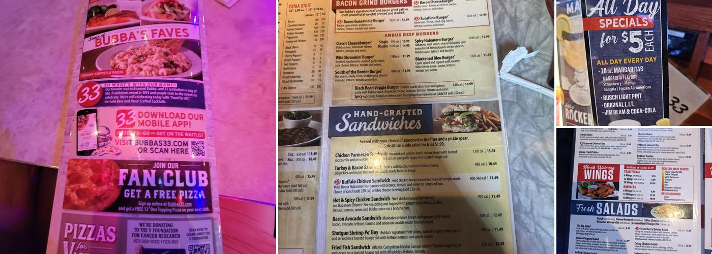 Bubba's 33 Menu